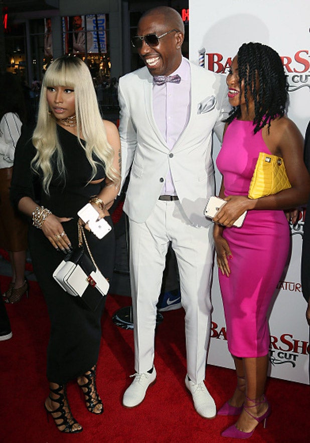 Nicki Minaj, actor J. B. Smoove and his wife Shahidah Omar at Barbershop the Next Cut Premiere