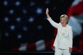 Hillary Clinton Has to Raise Voice to Be Heard Over Protesters During Nomination Acceptance Speech