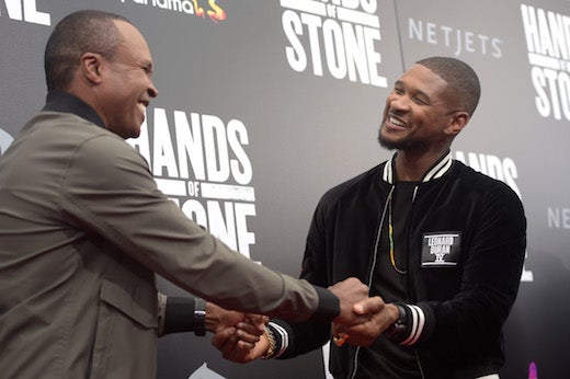 NEW YORK, NY - AUGUST 22: Former professional boxer, Sugar Ray Leonard (L) and Usher attend the New York Premiere Of "Hands Of Stone" in Partnership with DeLeon Tequila, NetJets, The Redbury New York and VisitPanama at SVA Theater on August 22, 2016 in New York City. (Photo by Jason Kempin/Getty Images for The Weinstein Company)