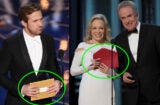 Ryan Gosling presents an Oscar in 2016 with the old "gold" envelope which had a large category sticker on the front. At right, Faye Dunaway and Warren Beatty had the newly designed red envelope in hand - for the wrong category - when they awarded "La La Land" in error on Sunday night, February 26, 2017.