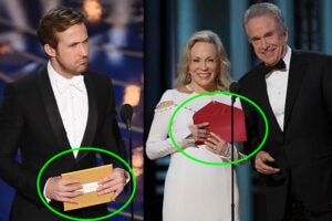 Ryan Gosling presents an Oscar in 2016 with the old "gold" envelope which had a large category sticker on the front. At right, Faye Dunaway and Warren Beatty had the newly designed red envelope in hand - for the wrong category - when they awarded "La La Land" in error on Sunday night, February 26, 2017.