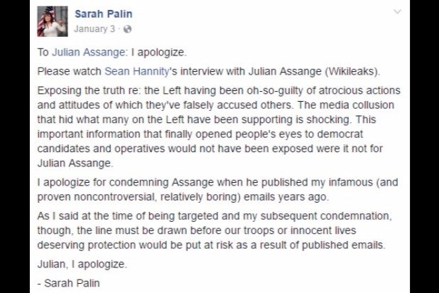 palin apologizes to assange wikileaks facebook
