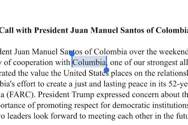 White House Colombia typo White House Colombia typo