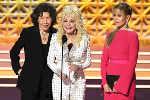 Lily Tomlin, Dolly Parton and Jane Fonda at the 2017 Emmy Awards 9 to 5 #MeToo