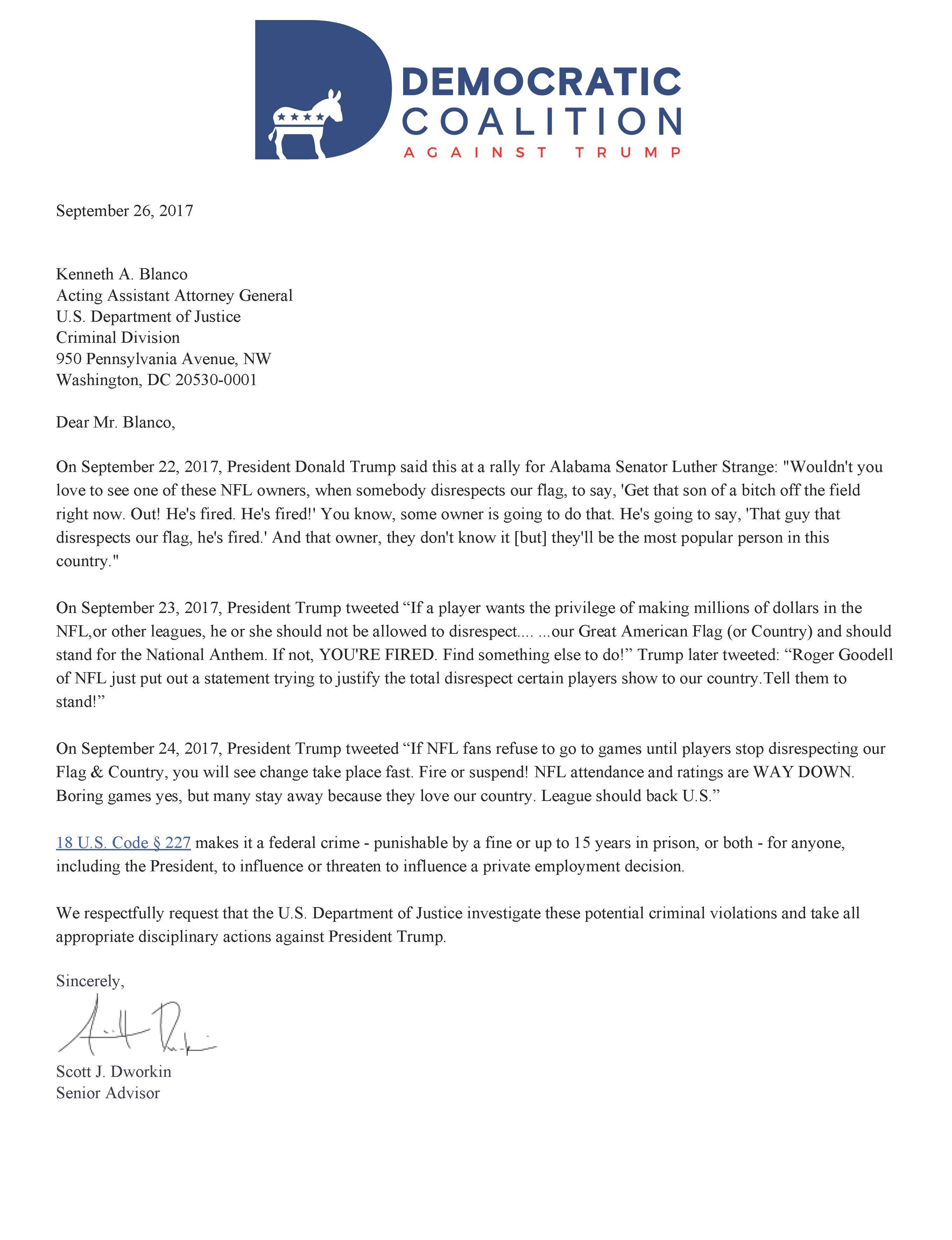 democratic group asks dept of justice to investigate trumps attack department of justice letter