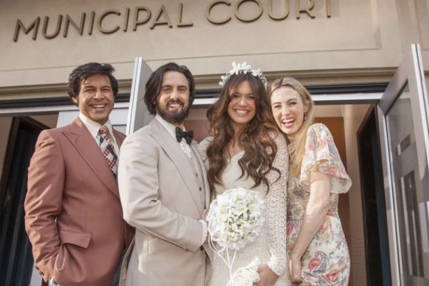 Jon Huertas (Miguel), Milo Ventimiglia (Jack), Mandy Moore (Rebecca) and Wynn Everett (Shelly) on "This Is Us"