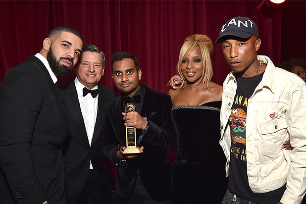 Drake, Netflix Chief Content Officer, Ted Sarandos, Aziz Ansari, Mary J Blige and Pharrell Williams attend the Netflix Golden Globes after party Drake, Netflix Chief Content Officer, Ted Sarandos, Aziz Ansari, Mary J Blige and Pharrell Williams attend the Netflix Golden Globes after party
