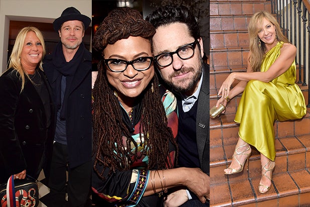 Manager Cynthia Pett-Dante, Brad Pitt, Ava DuVernay, JJ Abrams, and Allison Janney on the Oscar party scene on Thursday, Mar 1. (Getty Images) Manager Cynthia Pett-Dante, Brad Pitt, Ava DuVernay, JJ Abrams, and Allison Janney on the Oscar party scene on Thursday, Mar 1. (Getty Images)