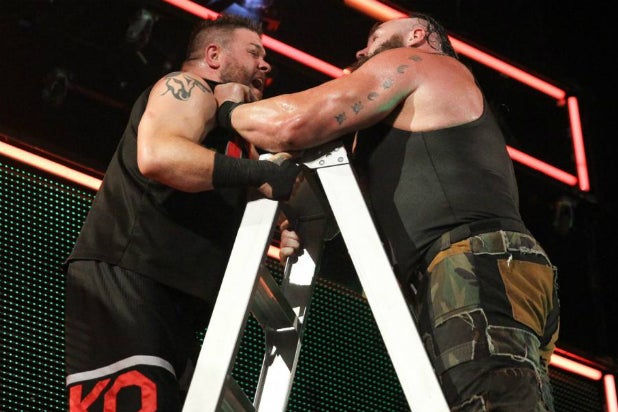 WWE 'MITB': Watch Braun Strowman Throw Kevin Owens Off the Tallest Ladder  You've Ever Seen (Video)