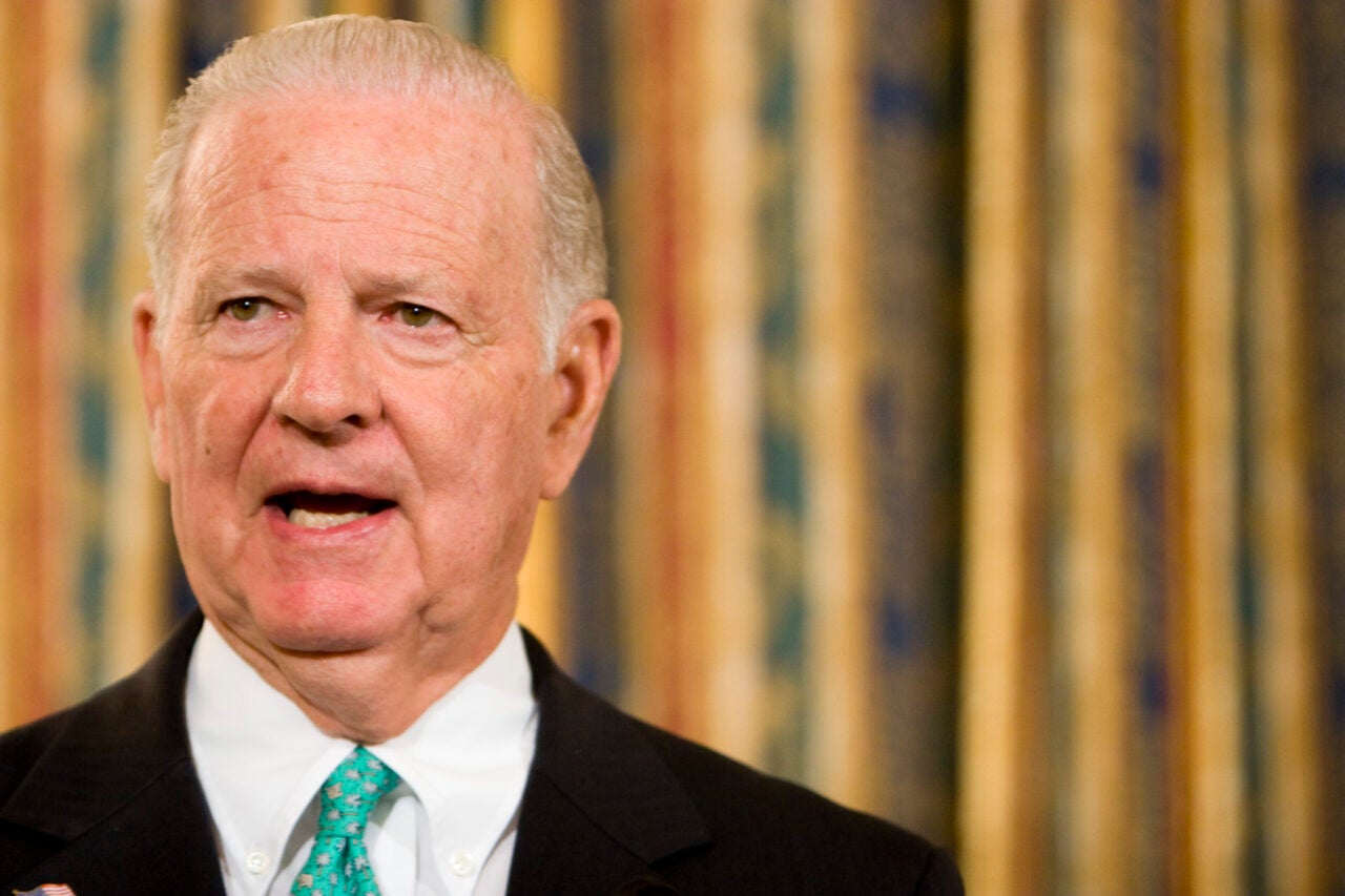 WASHINGTON - JULY 08: Former Secretary of State James A. Baker III answer questions during a news conference releasing the findings of the National War Powers Commission on Capitol Hill on July 8, 2008 in Washington, DC. The bipartisan commission, which the Baker chaired with fellow former Secretary of State Warren Christopher, recommended repeal of the War Powers Act and closer consultation between the White House and Congress in initiating combat. (Photo by Brendan Hoffman/Getty Images)