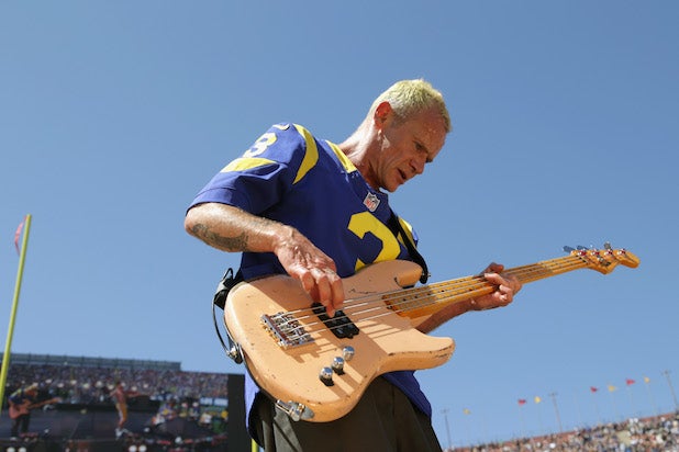 Flea before the start of the Los Angeles Rams home opening NFL game against the Seattle Seahawks at Los Angeles Coliseum on September 18, 2016 in Los Angeles, California.