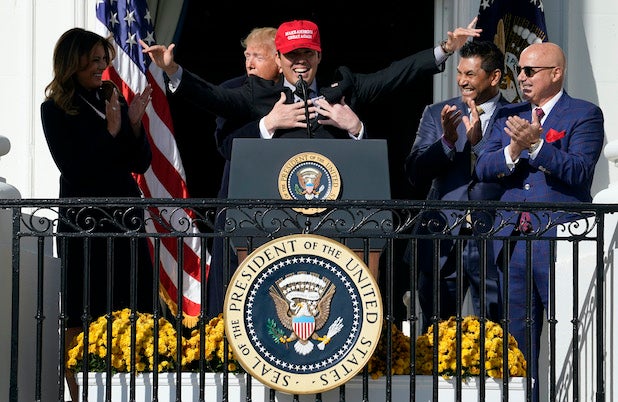 Washington Nationals catcher Kurt Suzuki hugged by Donald Trump