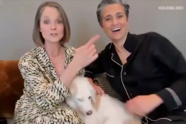 golden globes jodie foster and her wife wearing pajamas
