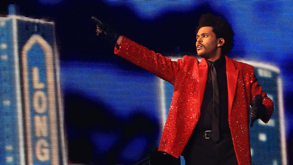 The Weeknd performing at Super Bowl LV.