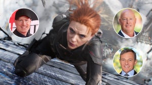Black Widow with (clockwise) Marvel President Kevin Feige, Disney CEO Bob Chapek, Disney Executive Chairman Bob Iger
