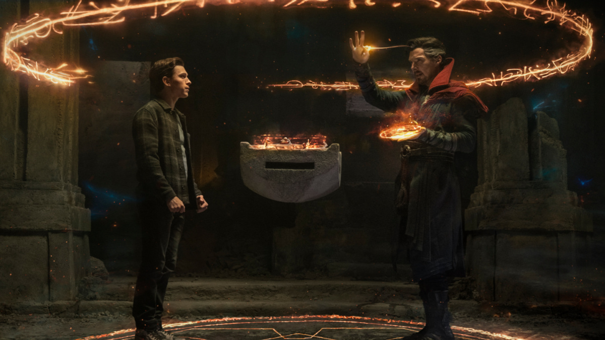 Benedict Cumberbatch as Doctor Strange (right) and Tom Holland as Spider-Man (left) in in "Spider-Man: No Way Home"