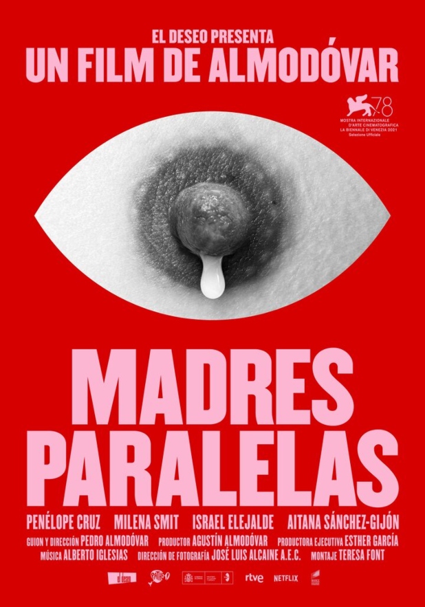 madres paralelas parallel mothers movie poster pedro almodovar lactating breast