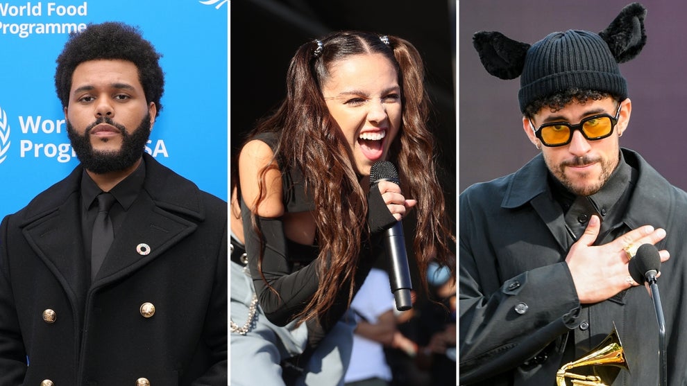 A collage of American Music Award nominees from left to right: The Weeknd, Olivia Rodrigo and Bad Bunny