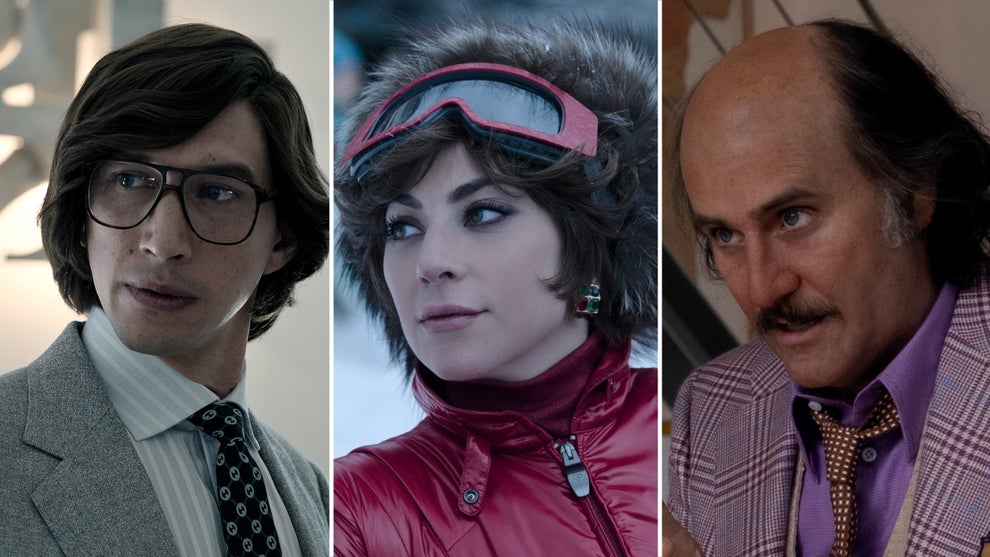 A collage of characters in "House of Gucci" from left to right: Maurizio Gucci, Patrizia Reggiani and Paulo Gucci