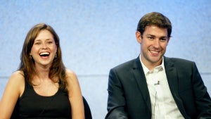 This is a photo of John Krasinski and Jenna Fischer at a press event