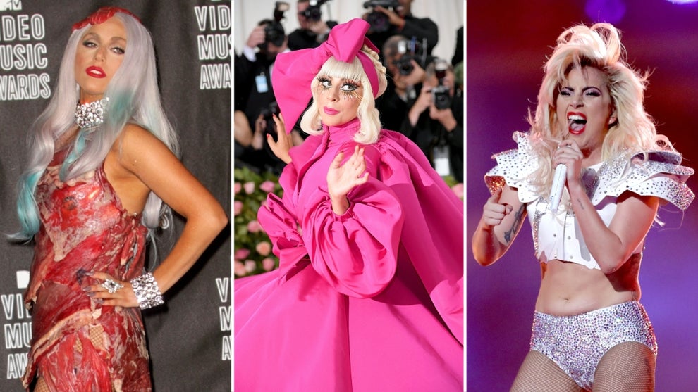 This is a Split Image Collage of some of Lady Gaga's past fashion moments from left to right: her meat dress, her 2019 Met Gala outfit and her 2017 Super Bowl performance bedazzled shoulder pads