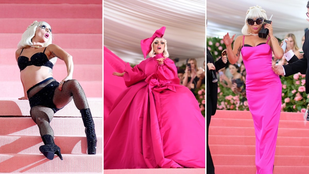 This is a photo collage of the layers of Lady Gaga's 2019 MET Gala outfit from left to right: black lingerie, full pink dress, and slimmer pink dress with telephone This is a photo collage of the layers of Lady Gaga's 2019 MET Gala outfit from left to right: black lingerie, full pink dress, and slimmer pink dress with telephone