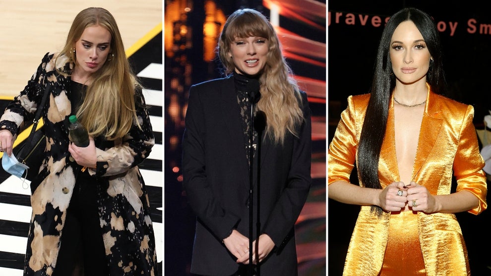 A collage split image featuring (from left to right) Adele, Taylor Swift and Kacey Musgraves