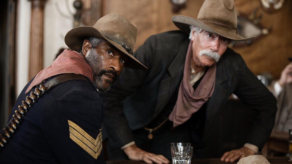 1883, LaMonica Garrett as Thomas and Sam Elliot as Shea of the Paramount+ original series 1883.