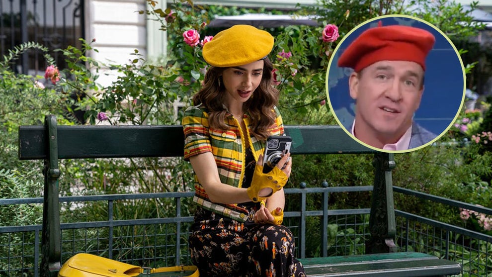 Lily Collins in "Emily in Paris," Peyton Manning on "SNL" (inset) (Netflix/NBC)