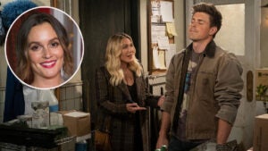 Leighton Meester, inset; Hilary Duff as Sophie and Chris Lowell in "How I Met Your Father" (Getty Images/Hulu)