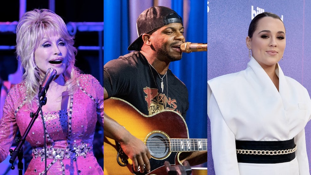 The hosts of the 57th Academy of Country Music Awards include (from left to right) Dolly Parton, Jimmie Allen and Gabby Barrett.