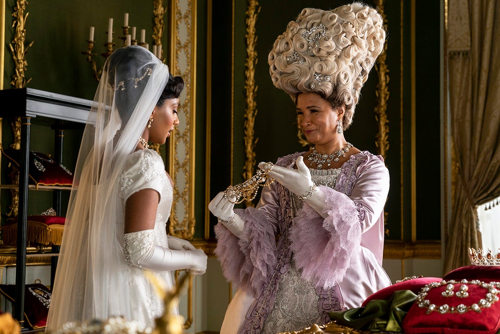 Charithra Chandran as Edwina Sharma, Golda Rosheuvel as Queen Charlotte in episode 206 of "Bridgerton" (Liam Daniel/Netflix)