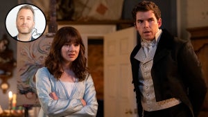 Claudia Jessie as Eloise Bridgerton and Luke Newton as Colin Bridgerton in "Bridgerton" Season 2; Executive producer Chris Van Dusen inset (Liam Daniel/Netflix/Getty Images)