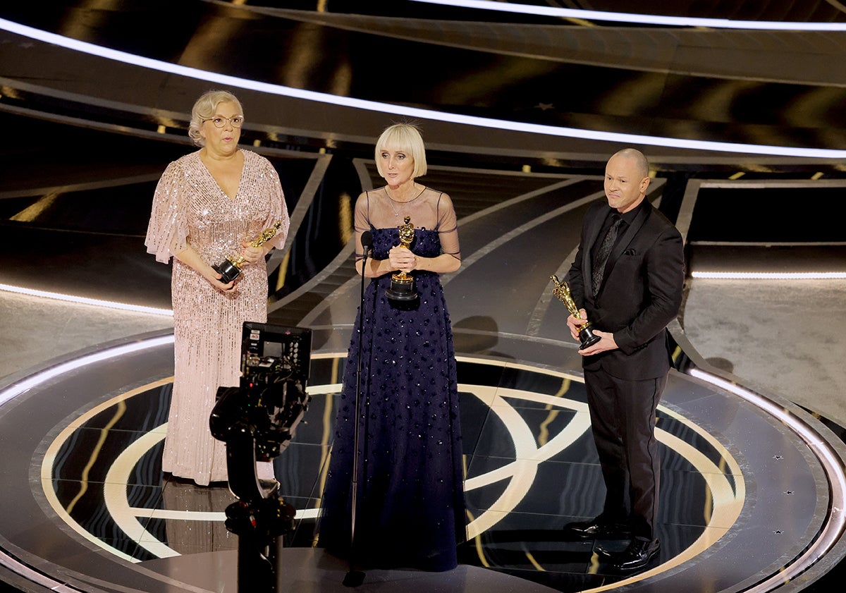Stephanie Ingram, Linda Dowds and Justin Raleigh accept the Makeup and Hairstyling Award for 'The Eyes of Tammy Faye' onstage during the 94th Annual Academy Awards at Dolby Theatre on March 27, 2022 (Getty Images) Stephanie Ingram, Linda Dowds and Justin Raleigh accept the Makeup and Hairstyling Award for 'The Eyes of Tammy Faye' onstage during the 94th Annual Academy Awards at Dolby Theatre on March 27, 2022 (Getty Images)