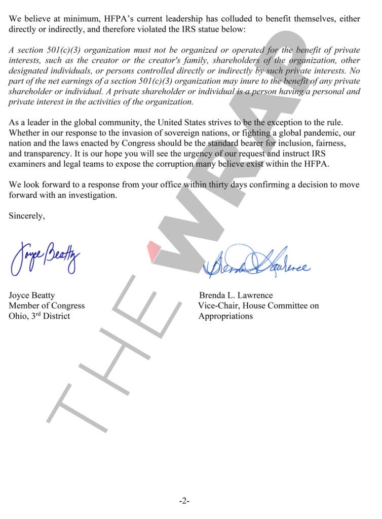 Letter to IRS Commissioner Regarding HFPA