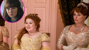 Claudia Jessie as Eloise Bridgerton (inset), Nicola Coughlan as Penelope Featherington/Lady Whistledown, Polly Walker as Lady Portia Featherington (Netflix)