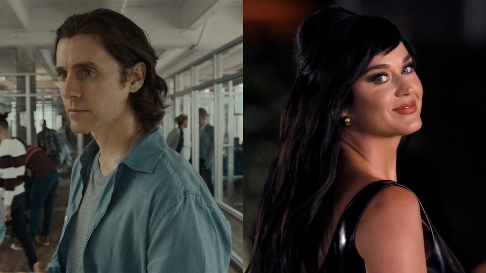 From left to right: Jared Leto as Adam Neumann in "WeCrashed," and "Roar" singer Katy Perry.