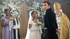 Simone Ashley as Kate Sharma, Charithra Chandran as Edwina Sharma, Jonathan Bailey as Anthony Bridgerton, Anthony Wise as Archbishop in episode 206 of "Bridgerton" (Liam Daniel/Netflix)