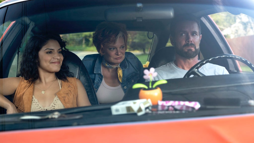 Shakira Barrera, Martha Plimpton, and Garret Dillahunt in "Sprung."