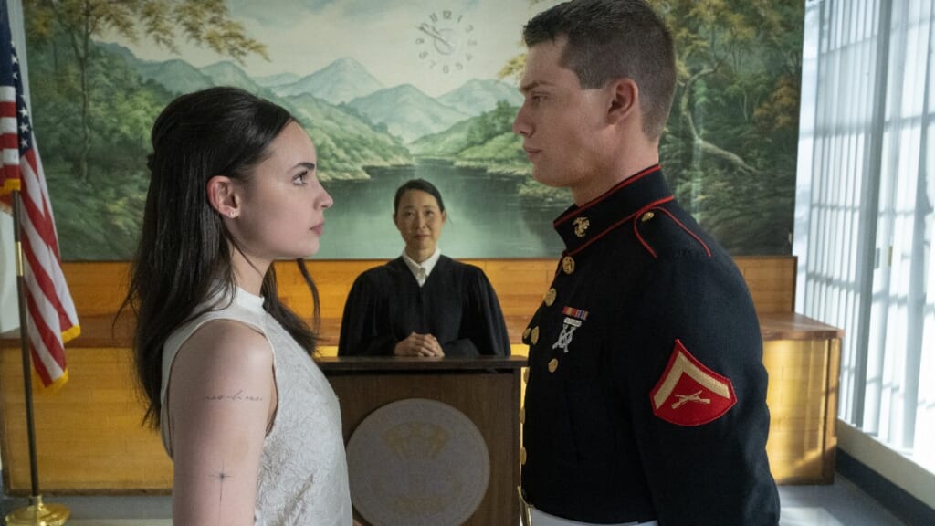 Sofia Carson and Nicholas Galitzine in "Purple Hearts" (2022)