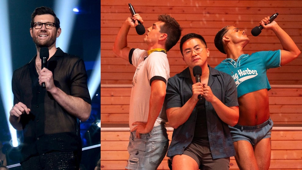 Billy Eichner and a scene from Hulu's "Fire Island" (from left to right)