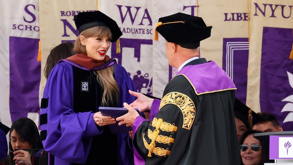Taylor Swift receiving her honorary doctorate at NYU's graduation ceremony 2022