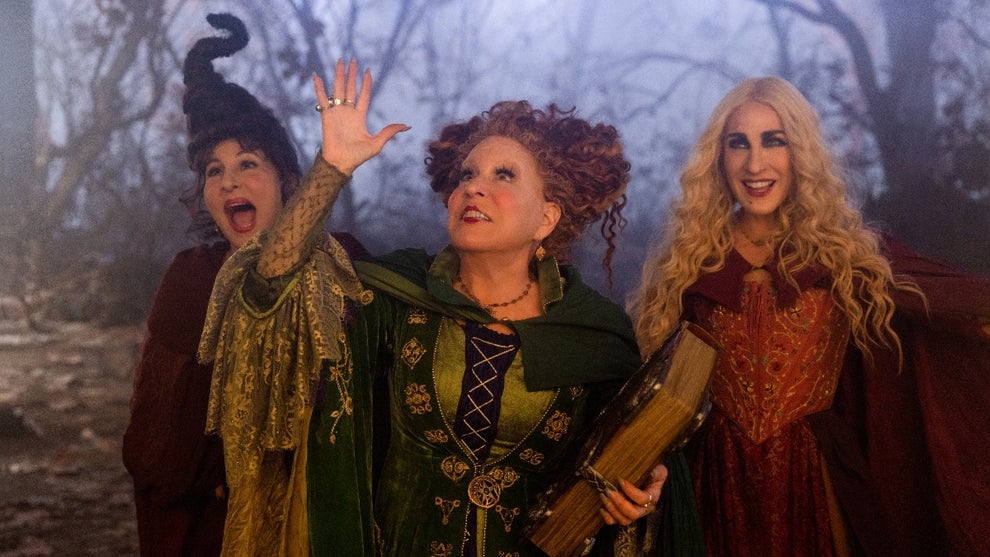 (Left to Right): Kathy Najimy as Mary Sanderson, Bette Midler as Winifred Sanderson, and Sarah Jessica Parker as Sarah Sanderson in Disney's live-action HOCUS POCUS 2, exclusively on Disney+. Photo by Matt Kennedy. © 2022 Disney Enterprises, Inc. All Rights Reserved.