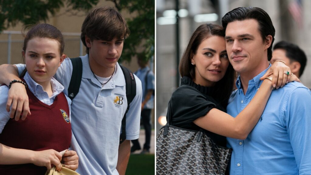 From L-R: Chiara Aurelia, Isaac Kragten, Mila Kunis and Finn Wittrock in "Luckiest Girl Alive"