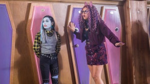 Ceci Balagot as Frankie Stein, and Miia Harris as Clawdeen Wolf in MONSTER HIGH on Nickelodeon. Photo: Kailey Schwerman/ Nickelodeon/Paramount+