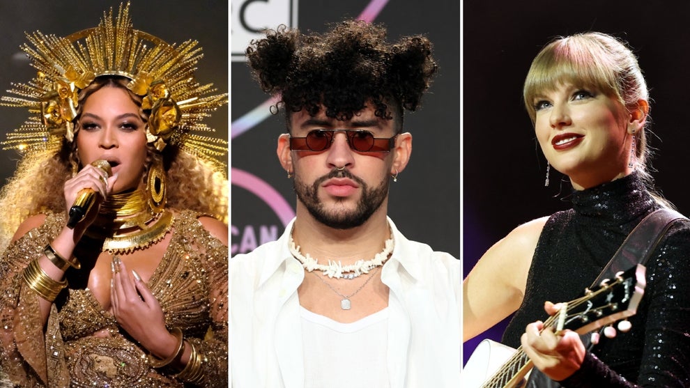 From left to right: Beyoncé, Bad Bunny and Taylor Swift