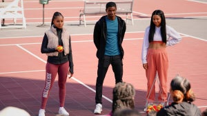 All American: Homecoming -- "We Shall Not Be Moved" -- Pictured (L-R): Geffri Maya as Simone Hicks, Martin Bobb - Semple as Lando and Camille Hyde as Thea Mays -- Photo: Troy Harvey/The CW