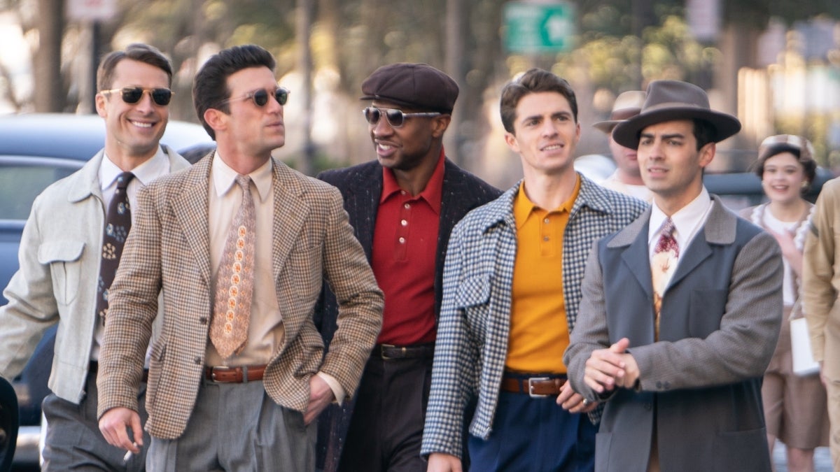 (L to R) Tom Hudner (Glen Powell), Bill Koenig (Daren Kagasoff), Jesse Brown (Jonathan Majors), Bo Lavery (Spencer Neville) and Marty Goode (Joe Jonas) in Columbia Pictures' "Devotion" (2022). (L to R) Tom Hudner (Glen Powell), Bill Koenig (Daren Kagasoff), Jesse Brown (Jonathan Majors), Bo Lavery (Spencer Neville) and Marty Goode (Joe Jonas) in Columbia Pictures' "Devotion" (2022).