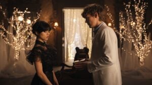 Wednesday Addams (Jenna Ortega) and Tyler Galpin (Hunter Doohan) at the Nevermore Rave'N