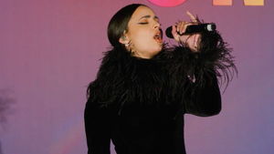 Sofia Carson sings with Diane Warren at Power Women Summit